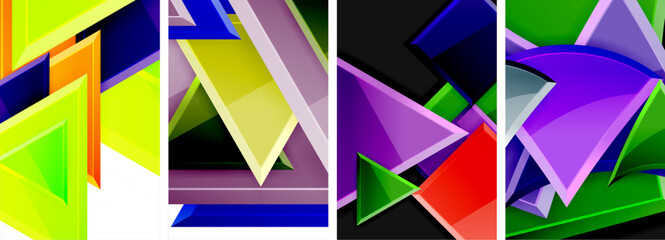 A creative arts piece featuring a collage of four triangles in shades of purple, violet, and magenta on a white background. The triangles form a symmetrical pattern with a mix of tints and shades