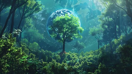 of Earth as a Thriving Green Forest with Tree Growing from Inside - obrazy, fototapety, plakaty
