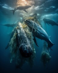 A pod of whales, accidentally entangled in a discarded fishing net, became an internet sensation after their clicks and songs were mistakenly interpreted as bullish whale calls on a popular cryptocurr - obrazy, fototapety, plakaty