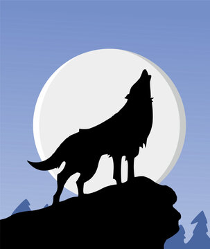 silhouette of a wolf against a white moon background