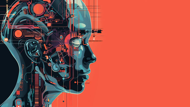 Close up of a person's face surrounded by various electronic elements, complex digital and futuristic appearance symbolizing integration of AI technology and humans. Red background, copy space, 16:9