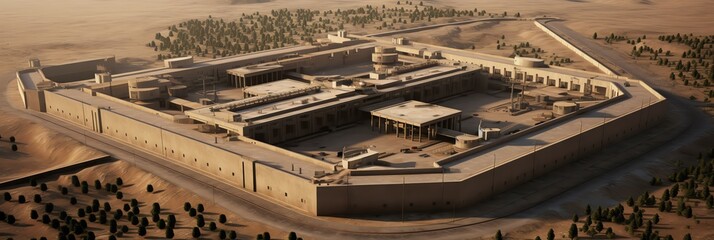 Aerial view of a modern highsecurity prison facility, imposing walls and guard towers, emphasizing strict containment and surveillance
