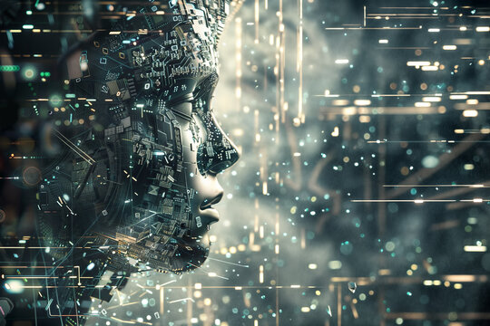 Close up of a person's face surrounded by various electronic elements, digital and futuristic appearance symbolizing integration of AI technology and humans. Abstract background, copy space, 3:2