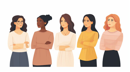 Fototapeta premium Group of women of different nationalities and cultures, skin colors and hairstyles. Society or population, social diversity. Cartoon characters. Vector illustration in flat design, isolated on white
