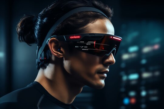 Athlete wearing sports glasses with a builtin HUD showing performance stats like heart rate and distance covered, hightech training gear