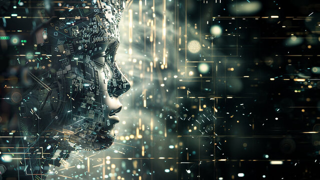 Close up of a person's face surrounded by various electronic elements, digital and futuristic appearance symbolizing integration of AI technology and humans. Abstract background, copy space, 16:9