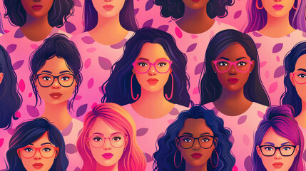 Group of women of different nationalities and cultures, skin colors and hairstyles. Society or population, social diversity. Cartoon characters. Vector illustration in flat design, isolated on pink - obrazy, fototapety, plakaty