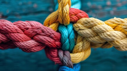 Fototapeta premium Team rope diverse strength connect partnership together teamwork unity communicate support. Strong diverse network rope team concept integrate braid color background cooperation empower power. 