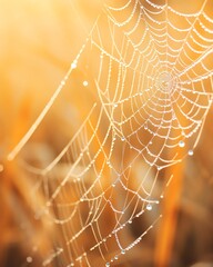 Closeup of dew drops on a spider web, shimmering in the morning light, showcasing the intricate patterns and natural beauty - obrazy, fototapety, plakaty