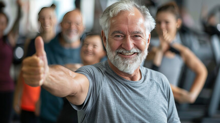 Senior man gesturing thumbs up with people exercising in fitness