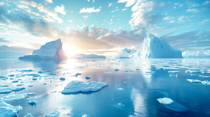 Huge pieces of Antarctic ice are melting in the water. North landscape background