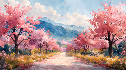 Blossom Symphony: Panoramic Watercolor Orchard with Scented Floral Patches