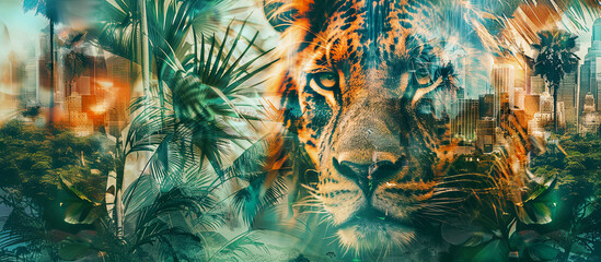 Wildlife concept. Exotic fantasy collage banner. Illustration of jungle plants and lion - obrazy, fototapety, plakaty