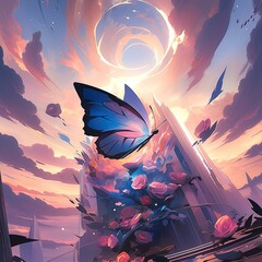 anime art of a butterfly flying over a building with a sky background