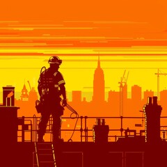 Firefighter standing on a rooftop, looking out over a city. The sun is setting, casting a warm glow over the scene.
