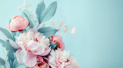 Beautiful romantic illustration of Philodendron and pink Peonies on blue background. Modern banner.