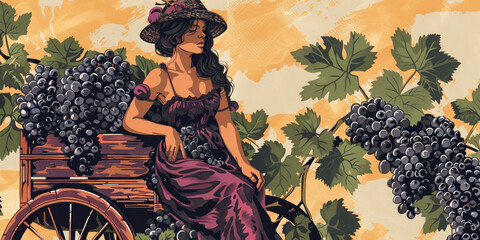Obraz premium Banner with a Italian woman sitting in a wooden cart , grape branches. Harvest concept.