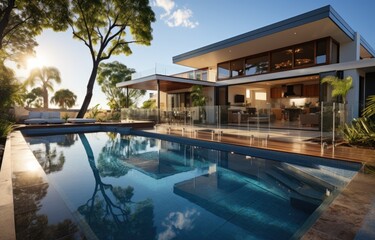 Modern Luxury Home with Pool at Sunset