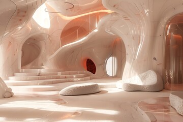 : A futuristic and abstract interior space with bold textures and shapes, inviting exploration and discovery.