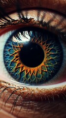 Extreme closeup of a human eye, highlighting the intricate iris patterns and the depth of color, reflective and intense
