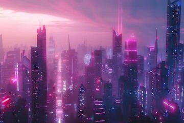 : A futuristic cityscape at dusk, glowing with neon lights from skyscrapers. The sky is a blend of...