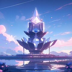 anime - style image of a futuristic building with a fountain in front of it - obrazy, fototapety, plakaty