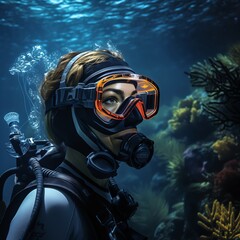 Marine biologist underwater with a specialized HUD mask, monitoring and identifying marine life, realtime data on species and depth