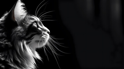Black and white photography, side view profile portrait of a cat - obrazy, fototapety, plakaty