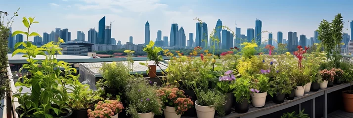 Fotobehang Rooftop garden with assorted containers of blooming plants, urban skyline in the distance, creative use of small space © JK_kyoto