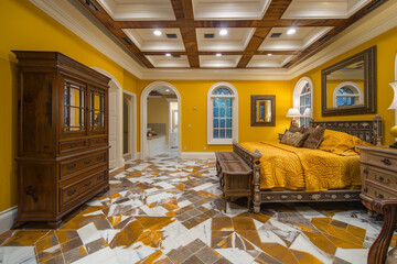 Mustard Yellow Bedroom with Coffered Ceiling, rustic wooden dresser, and marble tiled floors