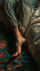 South Asian woman's feet touching carpet as they swing them out of bed.