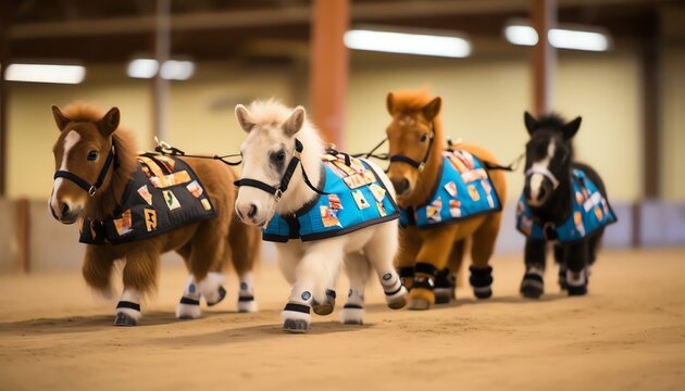 Wearing miniature backpacks, a team of miniature therapy horses trotted alongside disabled children in a therapeutic horseback riding competition