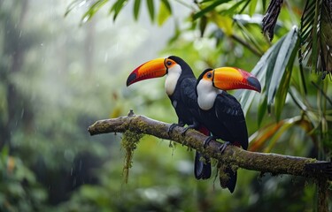 Fototapeta premium Tropical Toucans in Misty Rainforest