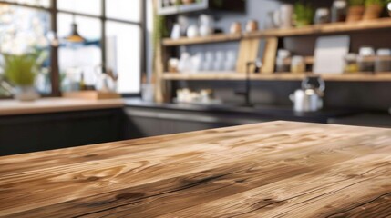 Empty beautiful wooden tabletop and modern blurred kitchen interior background. Ready for product montage.