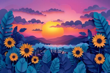 Fototapeta na wymiar Sunset Among Sunflowers in Paper Art Style