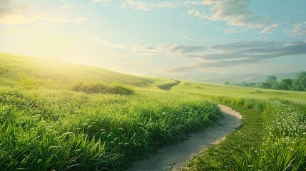 Scenic winding path through a field of green grass in the morning. Beautiful natural image. copy...