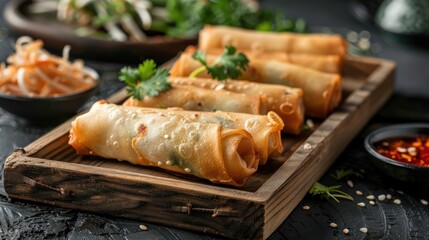 Spring roll or Popiah displayed on wooden tray against a dark backdrop