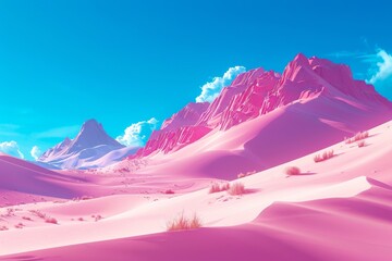 Pink desert landscape with blue sky and white clouds