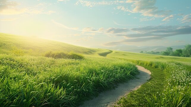 Scenic winding path through a field of green grass in the morning. Beautiful natural image. copy space for text.