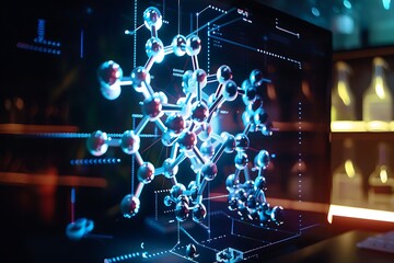 : A holographic display projecting a 3D model of a complex molecule in a dark room.