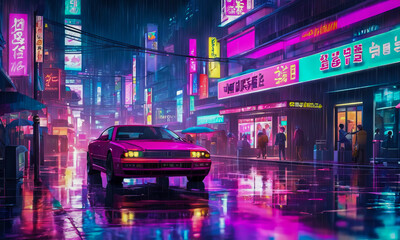 City streets in neon punk style during the rain.