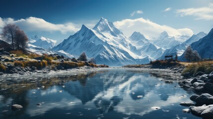 Mountain landscape with lake and snowcapped peaks in the background, Alpine Reflections - obrazy, fototapety, plakaty