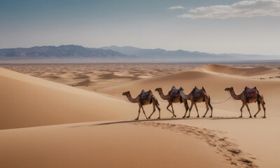 Fototapeta na wymiar A caravan of camels slowly wanders through the dunes of the great desert.