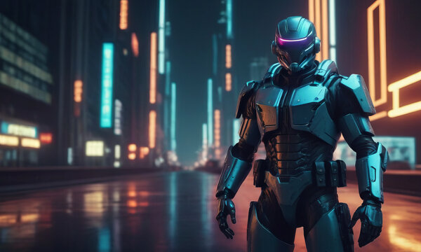 RoboCop is on duty to protect public order on the streets of the evening city.