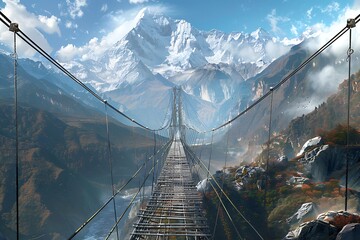 : A majestic suspension bridge, its steel cables stretching gracefully across a vast canyon, dwarfed by the snow-capped peaks in the distance. Convey the bridge's engineering marvel and its  - obrazy, fototapety, plakaty
