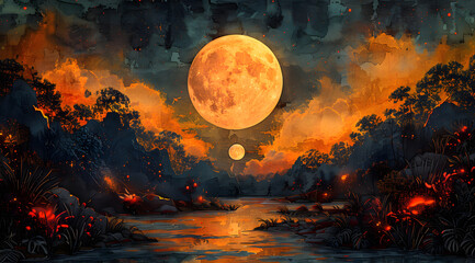 Night's Evolution: Panoramic Watercolor Shift from Moonlit Brilliance to Mysterious Darkness - obrazy, fototapety, plakaty