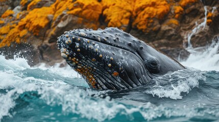 Humpback Whale Rising Near Rocky Coast