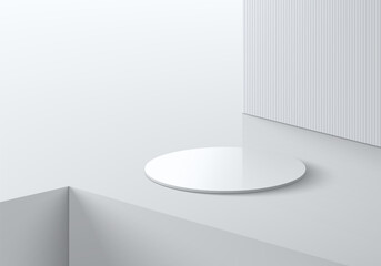 Realistic 3D white cylinder podium background on empty white floor and groove corner. Minimal scene, mockup abstract product display presentation, Stage showcase. Platforms vector geometric design.