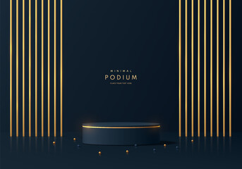 Realistic 3D dark blue cylinder podium background with luxury golden pillars backdrop scene. Abstract minimal mockup or product display presentation, Stage showcase. Platforms vector geometric design.
