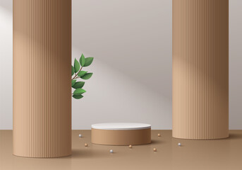 Realistic 3D wood brown, white cylinder podium background with wood pillars scene, Green leaf. Minimal abstract mockup product display presentation, Stage showcase. Platforms vector geometric design.
